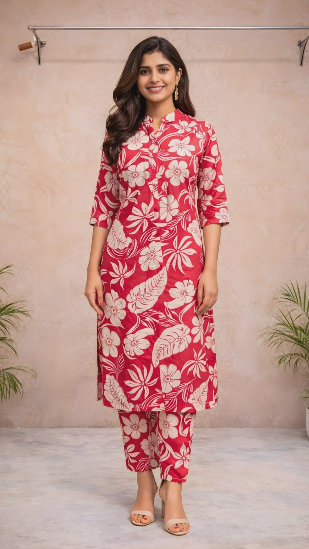 Red Floral Mandarin Collar Kurti Set video