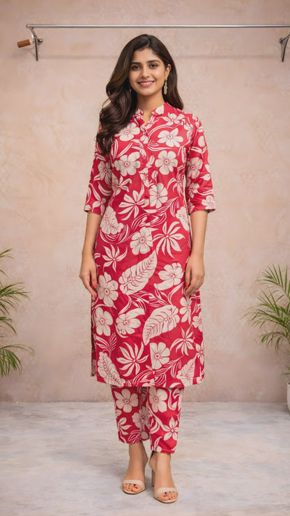 Red Floral Mandarin Collar Kurti Set video