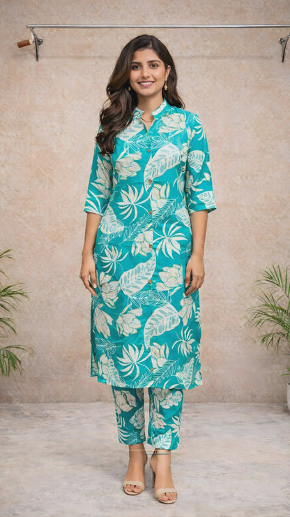 Teal Tropical Kurti Set video