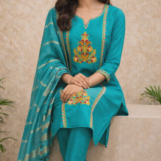 Teal Blue Embroidered Kurti Set video