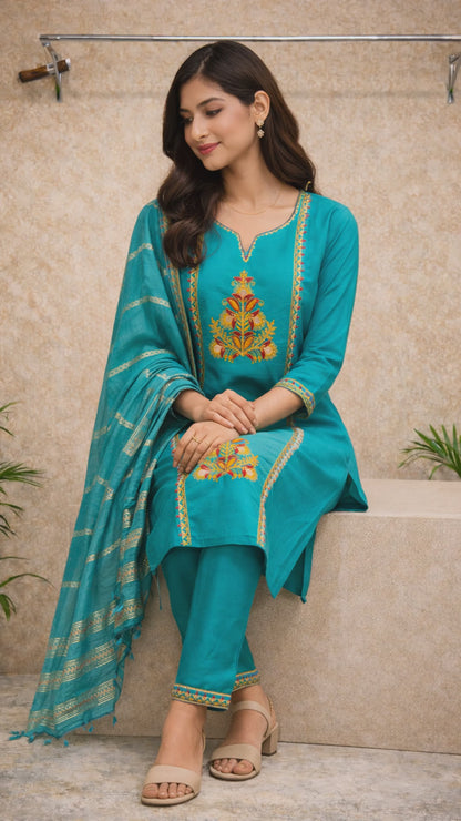 Teal Blue Embroidered Kurti Set video