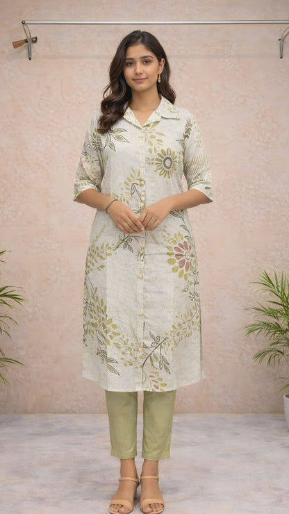 Ivory Floral Kurti Set with green pants video