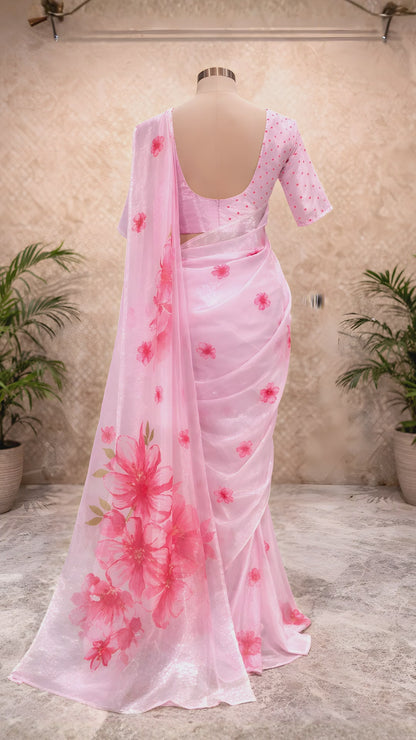 Blush pink floral soft crepe saree video